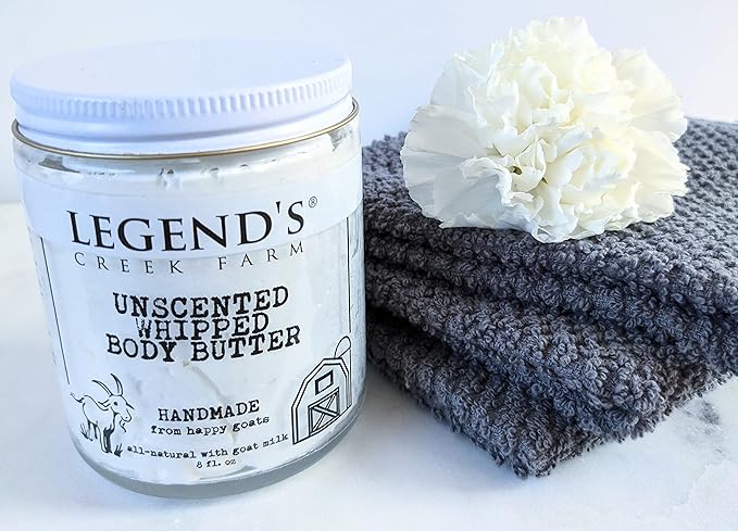 Legend's Creek Farm, Goat Milk Body Butter - Hydrating Natural Body Moisturizer with Organic Shea Butter & Grape Seed Oil - 8 Oz Purifying & Toning Whipped Body Butter (Unscented)