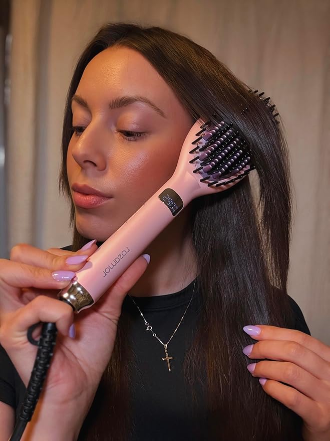 Ionic Hair Straightener Brush – Ceramic Straightening Brush with 6 Temp Settings, LCD Display, Auto-Off, Dual Voltage Flat Iron with Anti-Scald Design, Pink