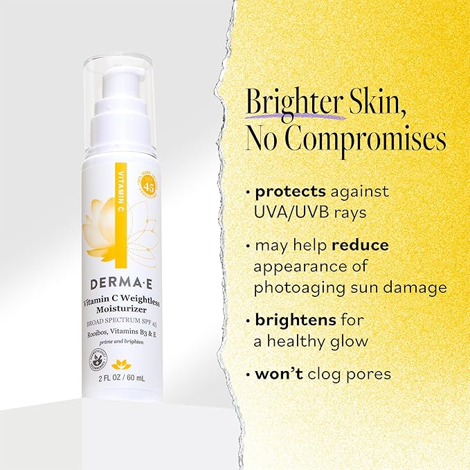 Derma E Vitamin C Weightless Moisturizer SPF 45, 2 Fl Oz, Skin Brightening Face Cream with Mineral UVA/UVB Sunscreen, Hydrating Face Moisturizer with SPF for Lines, Wrinkles and Uneven Tone