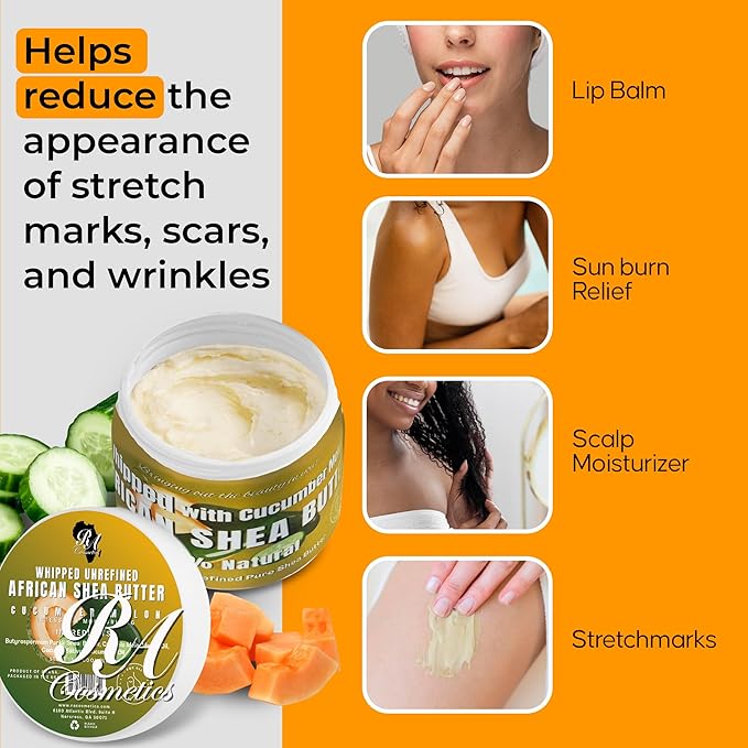 RA COSMETICS Whipped Shea Butter Cucumber-Melon - 12oz | 100% Pure & Natural African Shea Butter for Men & Women - Ultimate Handcrafted Moisturizer with Essential Vitamins for Radiant Skin