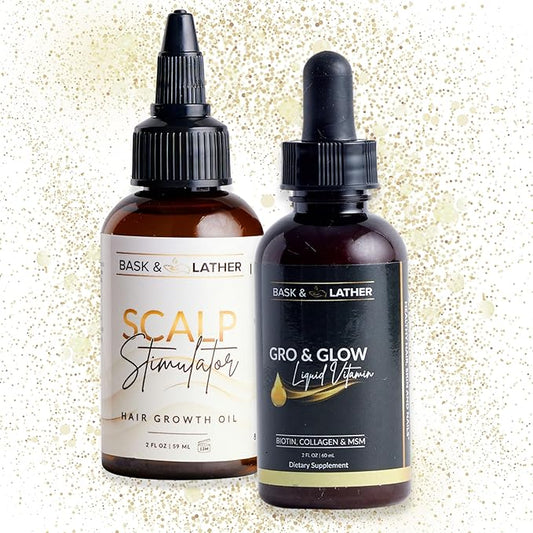 BASK & LATHER Inside-Out Growth Kit | Scalp Stimulator Oil + Gro & Glow Vitamins | Nourish Hair from Inside & Out for Stronger, Thicker, Healthier Growth