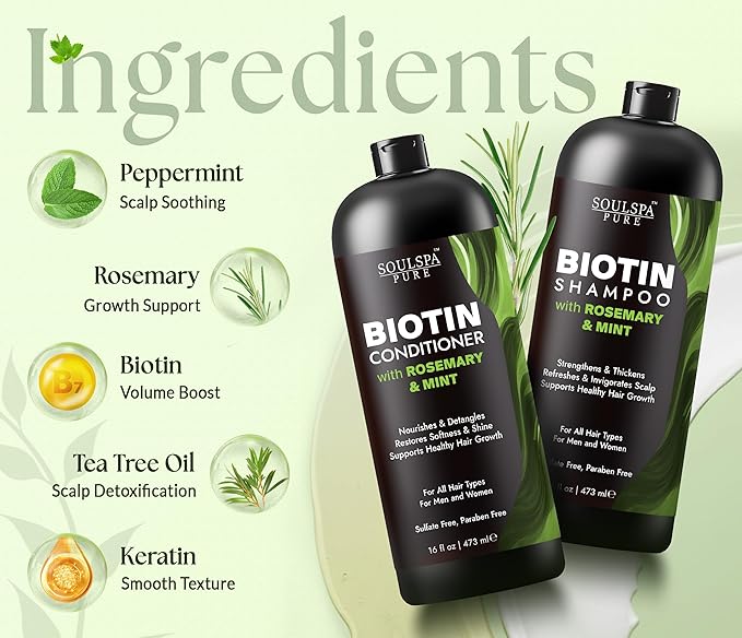 Biotin Shampoo and Conditioner Set for Men & Women | 16 fl oz Each | with Rosemary & Mint | Sulfate Free Hydrating & Strengthening Hair Care for Thinning, Color-Treated & Dry Hair