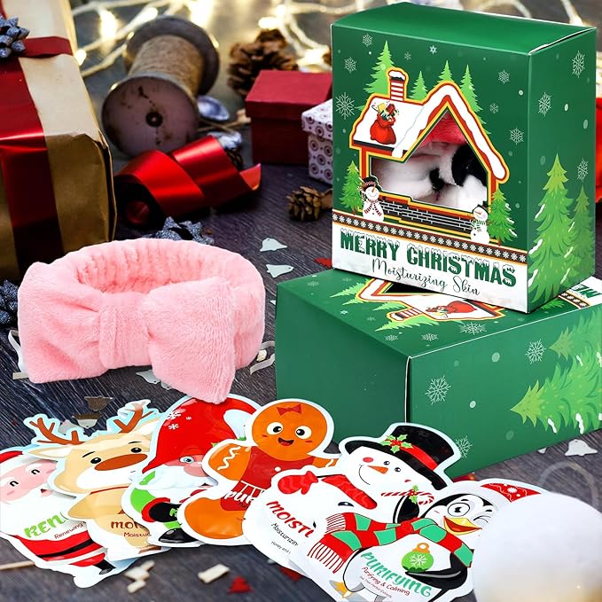 Timgle 52 Pcs Christmas Stocking Stuffers Facial Masks with Bow Headband Gift Set Christmas Fragrance Face Masks Skincare Gift Xmas Holiday Sheet Masks Spa Gifts Bulk for Adults Spa Day Party Night