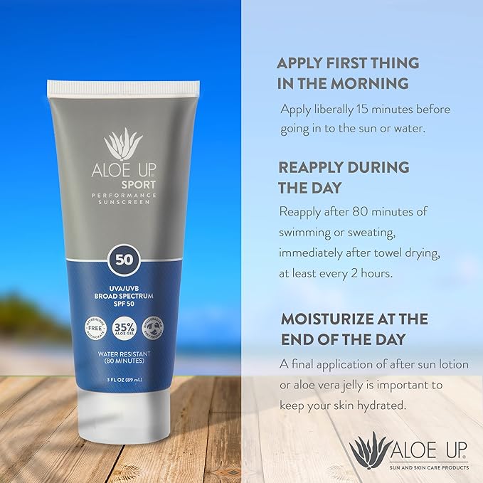 Aloe Up Sport Sunscreen Lotion SPF 50 - Broad Spectrum UVA/UVB Sunscreen Protector for Face and Body - With Hydrating Aloe Vera Gel - Non-Greasy - No White Cast - Reef Safe - Fragrance-Free - 3 Oz