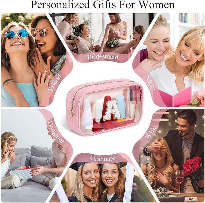 YOOLIFE Christmas Gifts For Teenage Girls Stocking Stuffers For Teen Girls Teacher Gifts Initial Clear Makeup Bag Birthday Gift Travel Toiletry Cosmetic Bags Birthday Gift Travel Essentials Pink A