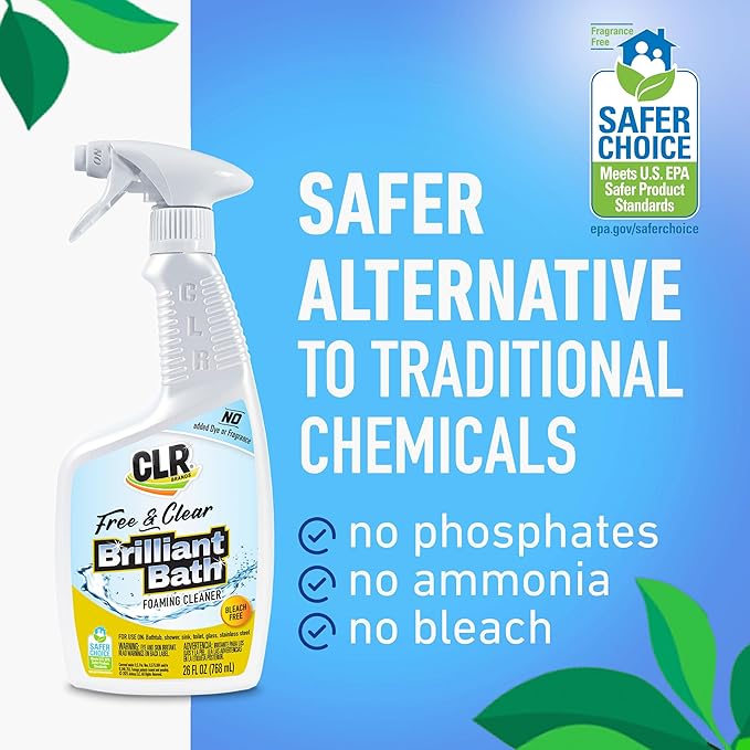 CLR Brands® Brilliant Bath Foaming Bathroom Cleaner Spray Free & Clear, No Added Dyes or Fragrances, Soap Scum and Hard Water Stain Remover, Use on Showers, Baths, Toilets and More, 26 Oz (Pack of 1)
