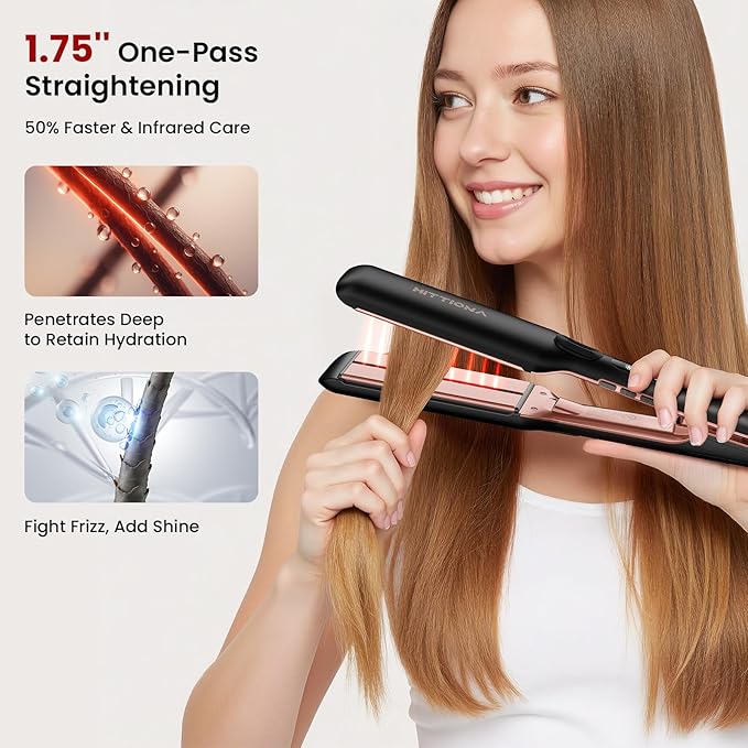 Flat Iron Hair Straightener – 1.75” Ceramic Infrared Ionic Flat Iron with 5s Fast Heat-Up, Vibration Technology, LCD Temp Control, Dual Voltage, Anti-Frizz Styling for All Hair Types