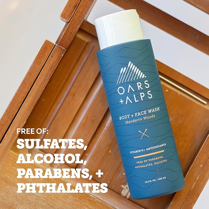 Oars + Alps Mens Moisturizing Body and Face Wash, Skin Care Infused with Vitamin E and Antioxidants, Sulfate Free, Mandarin Woods, 13.5oz, 2 Pack