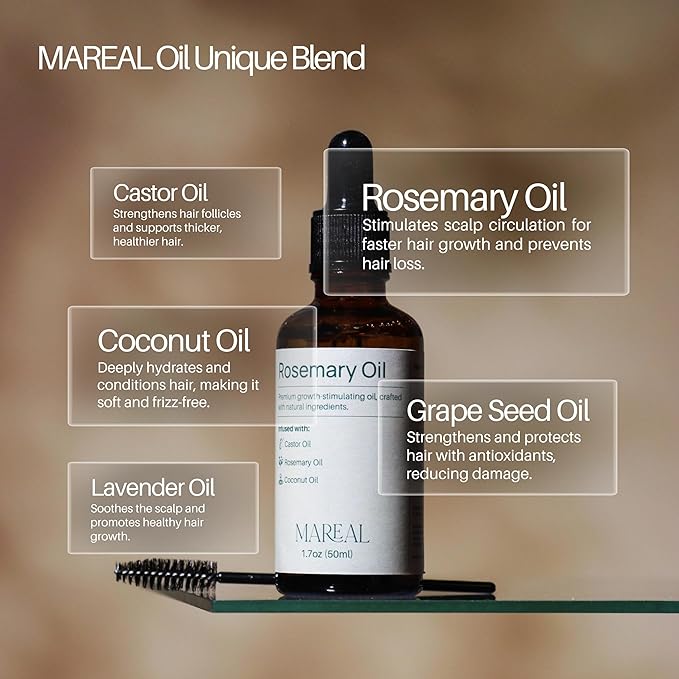 Pure Rosemary Oil for Hair Growth & Scalp Health | Infused with Castor & Coconut Oil | Hair Thickening & Regrowth Treatment for Women & Men | 100% Natural | Up to 2-Month Supply | 1.7 fl oz | MAREAL