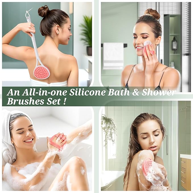 Silicone Back Body Face Scrubbers Set 4PCS, 15.35’’ Back Scrubber Soft Body Scrubber for Dual-Side Usage, Easy-to-Hold Soft Bath Glove & Face Scrubber for Good Foaming Deep Cleaning(Pink)