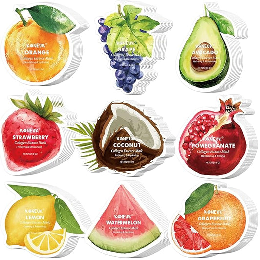 72 Pack Fruit Shaped Sheet Face Mask, Stocking Stuffers for Women, Collagen Hydrating Face Masks Skincare for All Skin Types, Bulk Christmas Gifts and Spa Party Gifts(9 Types x 8 Pcs)