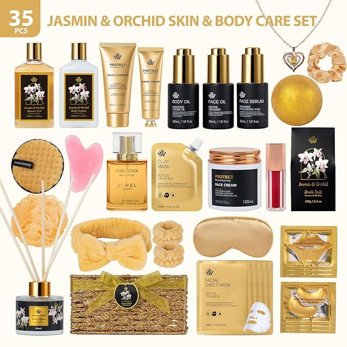 35 Pcs Christmas Gifts for Women, Orchid Spa Gift Basket Set, Self-Care Relaxation Kit, Face Skin Care Set, Bath & Body Care Set, Bath Bomb, Birthday, Valentines, Mother's Day, Wife, Mom, Anniversary