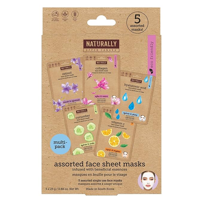 Naturally - Variety pack (Vitamin C, Hyaluronic Acid, Retinol, Cucumber, Collagen) - Perfect for at Home Spa Days, K-beauty inspired, Ingredients led, 5 Sheet Masks Included
