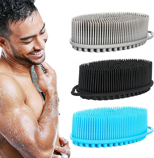 Set of 3 Silicone Body Scrubber Loofah Soft Exfoliating Body Bath Shower Scrubber Loofsh Brush (Black+Gray+Blue 010)