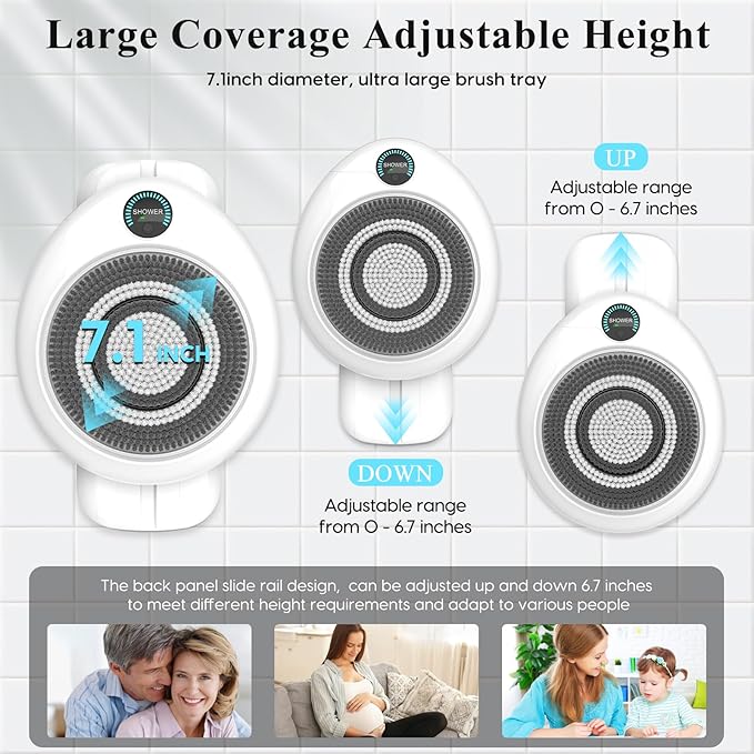 Electric Back Scrubber for Shower - Wall Mounted Exfoliating Brush, Hands-Free Automatic Body Scrubber, IPX7 Waterproof, 3-Speed Adjustment, 3 Replaceable Heads with 50pcs Disposable Shower Caps