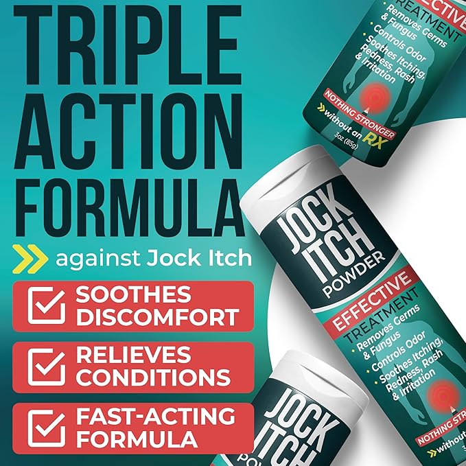 Jock Itch Powder with Miconazole Nitrate 2% & Tea Tree Oil for Itch, Odor & Rash Relief | Jock Itch Treatment Removes Germs & Fungus | Soothes Burning Skin & Reinfection | Pack of 3