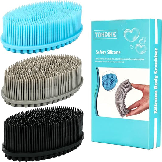 Silicone Body Scrubber Loofah - Set of 3 Soft Exfoliating Body Bath Shower Scrubber Loofah Brush for Sensitive Kids Women Men All Kinds of Skin(Black/Gray/Blue)