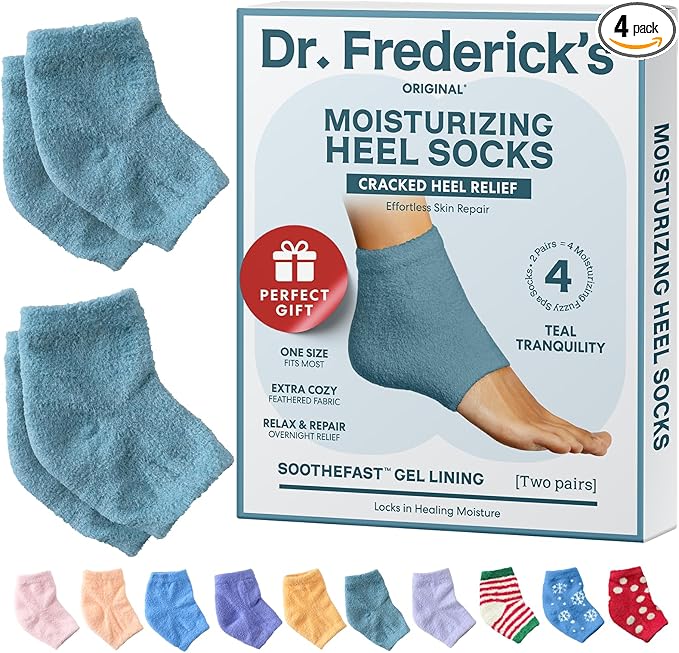 Dr. Frederick's Original Moisturizing Fuzzy Heel Socks for Dry Cracked Heels Treatment - Infused with Olive Oil, Jojoba Oil and Vitamin E - 2 Pairs - Stocking Stuffers for Adults - Teal Tranquility