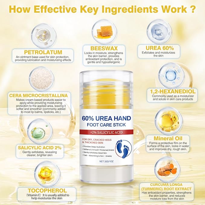 60% Urea Cream with 2% Salicylic Acid Foot Balm, Portable Hand Cream, Foot Cream for Dry Cracked Heels and Feet Hand, Urea Heel Care Stick Callus Remover & Skin Softener, 1oz