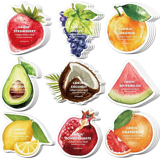 36 Pack Fruit Shaped Sheet Face Mask for Women, Collagen Hydrating and Moisturizing Face Masks Skincare for Dry Skin, Bulk Christmas Gifts, Spa Party Gifts and Stocking Stuffers(9 Types x 4 Pcs)