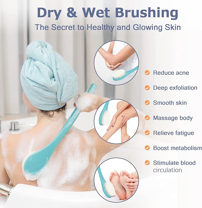 VANZAVANZU Exfoliating Shower Brush Back Scrubbers for Use in Shower, Plastic Bath Brush Long Handle for Shower with Moderate Bristles, Dry or Wet Back Brush for Shower Men Women-Green