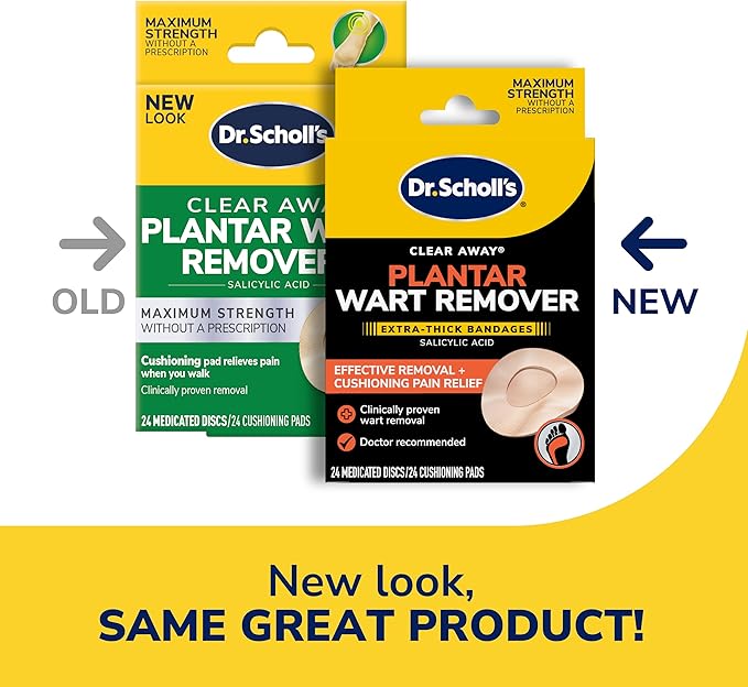 Dr Scholl's Clear Away Plantar Wart Remover Extra-Thick Bandages for Feet, 24 Treatments - Clinically Proven Effective Wart Removal and Cushioning Pain Relief, Comfortable Multi-Day Coverage Patches