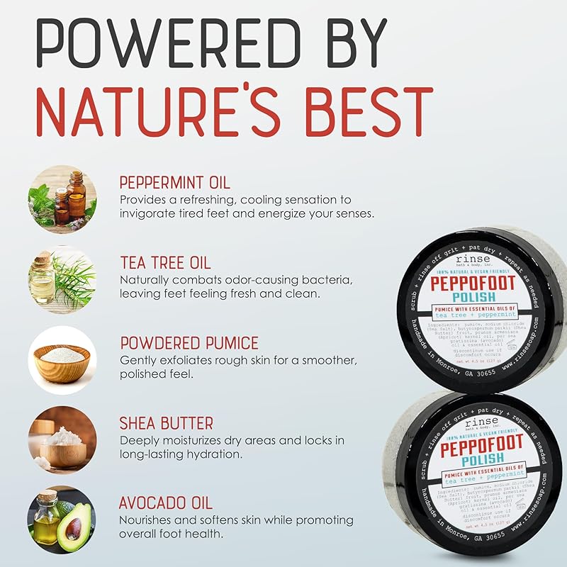 Rinse Bath & Body Peppofoot Peppermint Foot Scrub - Handmade Exfoliating Tea Tree Oil Cooling Foot Scrub w/Peppermint Essential Oil | Shea Butter & Avocado Oil | Cleansing & Refreshing| Natural | 4oz