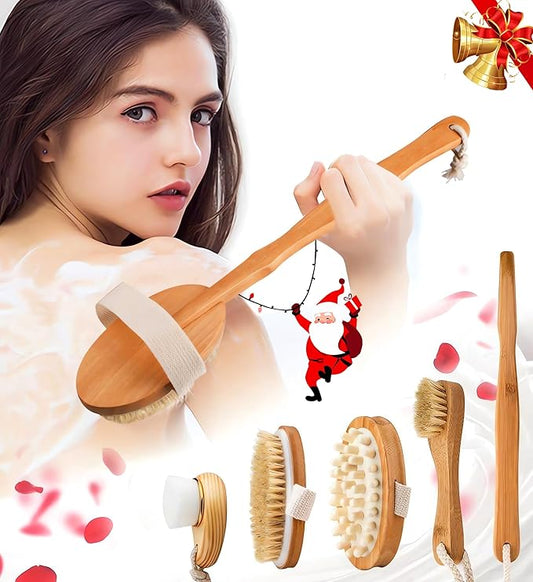 Premium Dry Brushing Body Brush Set for Lymphatic Drainage and Cellulite Treatment, Boar Bristle Long Handle Face Cleansing Brush for A Glowing Skin, 5 Pack