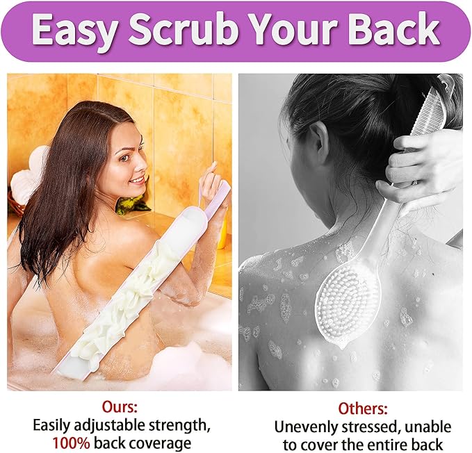 Deep Exfoliating Glove for Shower 2PCS: 1 Double-Sided Mitt, 1 Extra Long Exfoliating Washcloth - Extreme Body & Back Scrubber for Shower, Massage Scrub Exfoliator & Bath Loofah Sponge (Pink)