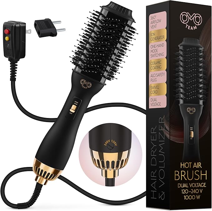 Professional Dual Voltage Blowout Hair Dryer Brush for European Travel 110V-120V/220V-240V, Black Gold Dryer and Volumizer, Hot Air Brush for Women, 2.4 INCHES Oval Shape