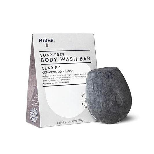 HIBAR - Clarify Solid Body Wash Bar - Detoxify & Purify - With Activated Charcoal & Salicylic Acid - Daily Use & Sensitive Skin - Plastic, Paraben & Soap-Free - Vegan - Cedarwood + Moss