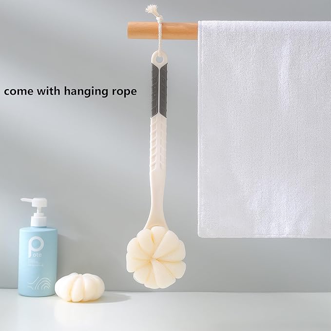 Shower Body Brush with Bristles and Large Pumpkin Loofah,Back Scrubber Bath Mesh Sponge with Anti-Slip Curved Long Handle for Skin Exfoliating,Massage Bristles for Wet or Dry,Men Women (White)