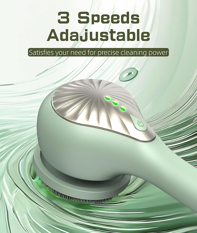 Electric Body Brush Back Scrubber for Shower, IPX6 Water Proof Bath Brush with Long Handle, 6 Heads 3 Speeds Rechargeable Electric Spin Scrubber for Cleanse, Massage, Exfoliate