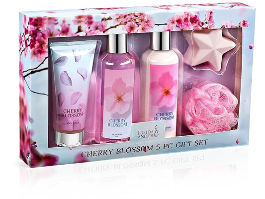 Freida & Joe Fragrance Bath & Body Collection Gift Box, Includes Shower Gel, Body Lotion, Body Scrub, Bath Bomb & Sponge (Blue Cherry Blossom)