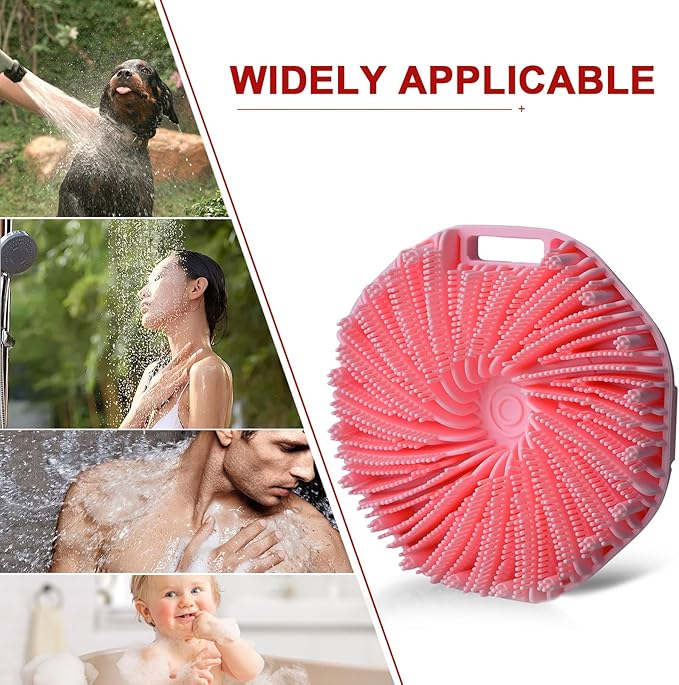 Silicone Body Scrubber Shower Brush, Exfoliating Body Wash Scrubbers for All Skin Types, Ergonomic No-Slip Handle, Exfoliation & Gentle Massage,Body Brush for Showering with Hanging Hole (Pink)