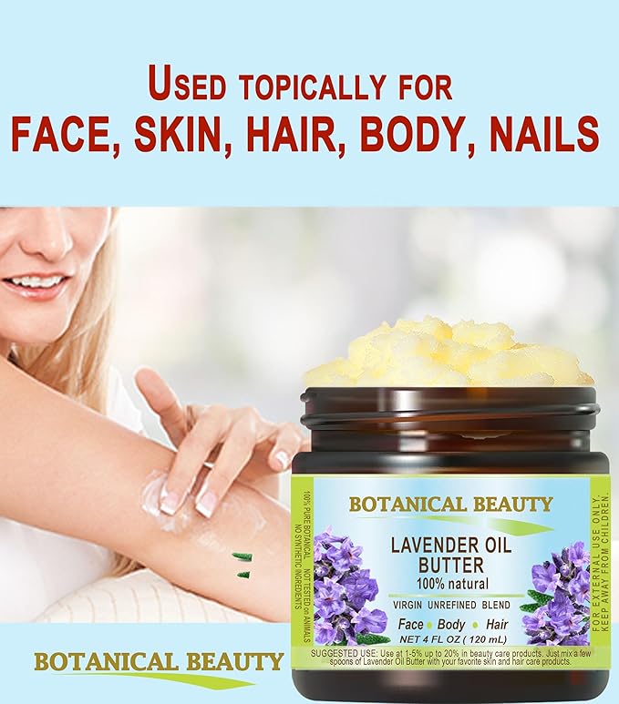Botanical Beauty LAVENDER OIL BUTTER 100% Natural Lavender Essential Oil in Shea Nut Butter for FACE, SKIN, BODY, HAIR, NAILS. Beauty Skin Moisturizer Oil Butter. (8 Fl Oz)