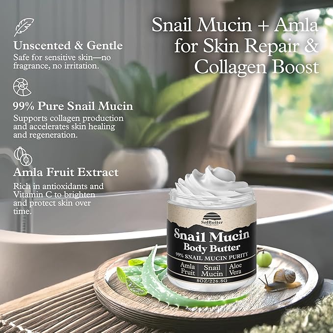 PURPLE CANYON 99% Snail Mucin Body Butter 8oz | Reduce Blemishes, Dark Spots, and Wrinkles for Radiant Skin | Skin Care Snail Cream Moisturizer Dry Skin Repair