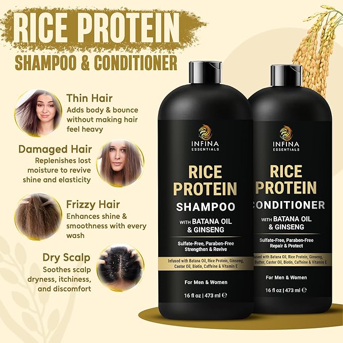 Rice Protein Shampoo and Conditioner Set | 16 fl oz Each | with Batana Oil & Ginseng | Strengthening, Thickening & Clarifying Formula | Supports Hair Growth & Repair