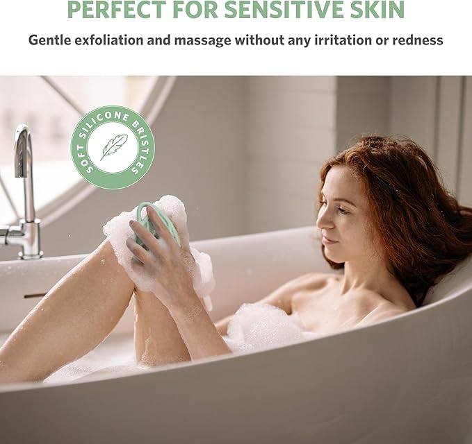 Sndyi Silicone Body Scrubber, Gentle Exfoliating Body Scrubber for Sensitive Skin, Leaf Shaped Shower Scrubber for Body with Lathering Bristles, Silicone Loofah Body Brush for Showering, Green