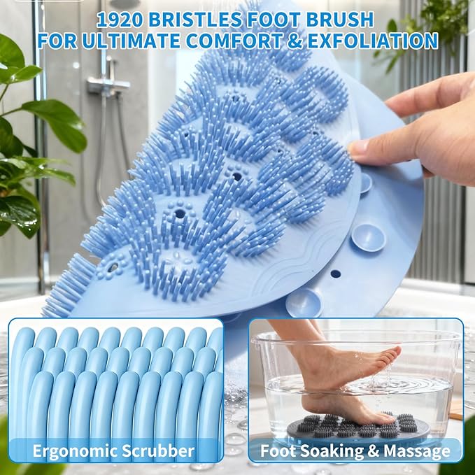 Shower Foot Scrubber Mat & Silicone Back Scrubber with Soft Silicone Bristles,Quick Drying Foot Scrubber in Shower,Deep-Cleaning Wall Mounted Back Scrubber Bath (Blue)