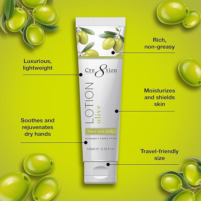 Cre8tion Spa Olive Hand & Body Lotion, Luxurious Lightweight Moisturizer for Silky, Smooth Skin, 3.3 Fl Oz