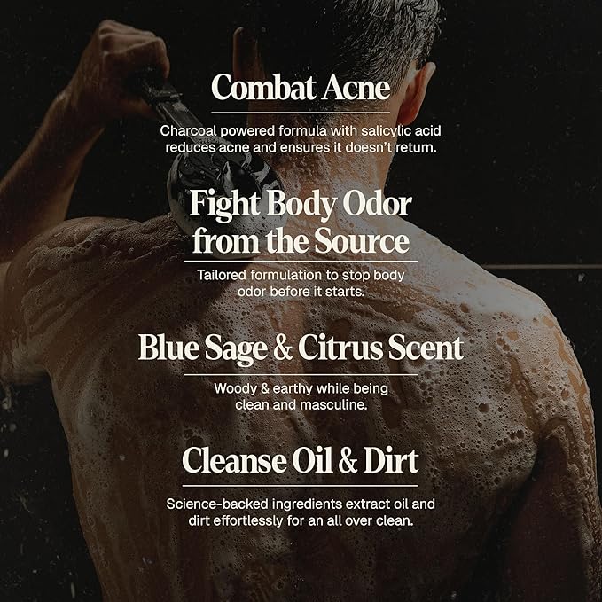 Black Wolf Body Wash & Sonic Scrubber Pro Kit for Men - Vibrating Face & Body Brush with Charcoal Powder Shower Gel, Water Resistant Massage Brush & Salicylic Acid Body Wash, Rich Lather & Deep Clean
