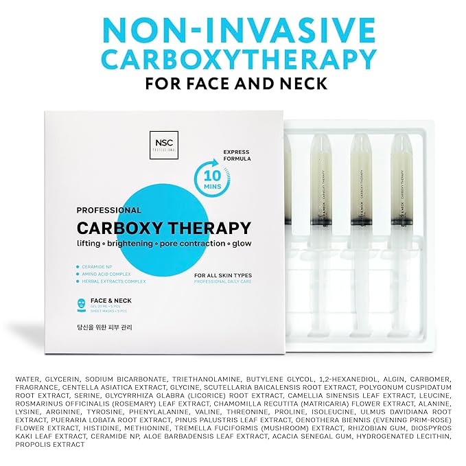 Name Skin Care Korean Carboxy CO2 Therapy Face & Neck Mask Set of 5 - Hydrating Oxygen Carboxytherapy Skincare Sheet Masks - Moisturizing Anti Aging Pore Tightening Brightening Facial Treatment Gel