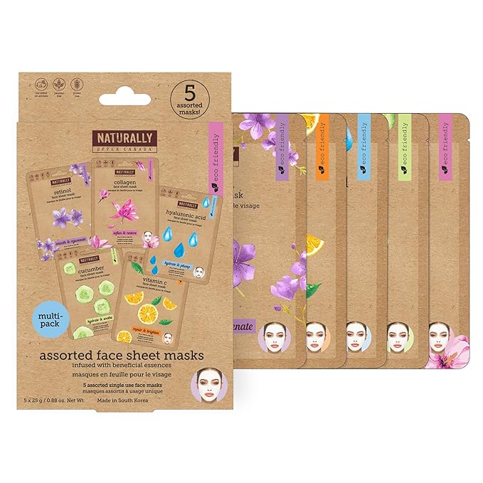 Naturally - Variety pack (Vitamin C, Hyaluronic Acid, Retinol, Cucumber, Collagen) - Perfect for at Home Spa Days, K-beauty inspired, Ingredients led, 5 Sheet Masks Included