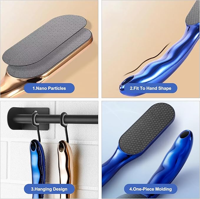 2PCS Veinsgrain Veins Grain Foot File, Professional Foot Care Tools, Nano Glass Foot File with Non-Slip Ergonomic Handle Feet Massage Tool (Gold+Blue)