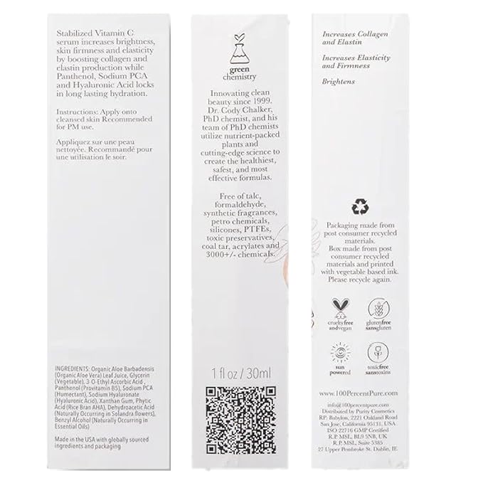 100% PURE Vitamin C Face Serum Hydrating Glow Skin Care with ALA Aloe + Vitamin E Oil - Daily Firming & Correcting Anti Aging Facial Moisturizer for Women & Men All Skin Types, Vegan - 1 Fl Oz