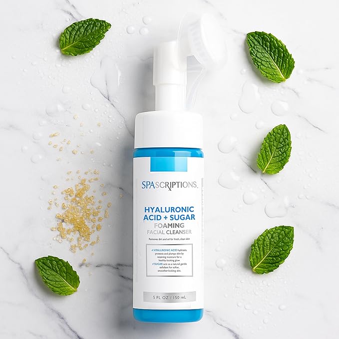 SpaScriptions Hyaluronic Acid + Sugar Foaming Facial Cleanser, pH Balanced, Non Comedogenic, Paraben Free, For All Skin Types, 5 fl oz / 150 mL