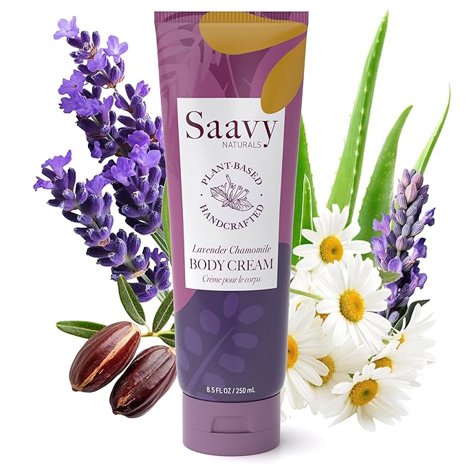 Saavy Naturals Body Cream Clean,Plant Based Ingredients - Made in USA Lavender Chamomile Body Lotion Absorbent Shea Butter Thick and Creamy, Naturally Scented Body Lotion for Dry Skin, 8.5 Oz.