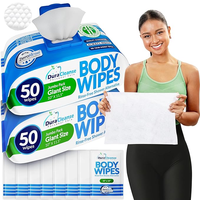 Dura Cleanse Body Wipes for Adults No Rinse Bathing (2 Pack) 100 XL Shower Cloths + 8 Travel Sheets – 10" x 11.5" Thick Disposable Washcloths for Camping & Elderly Care