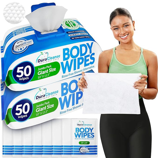 Dura Cleanse Body Wipes for Adults No Rinse Bathing (2 Pack) 100 XL Shower Cloths + 8 Travel Sheets – 10" x 11.5" Thick Disposable Washcloths for Camping & Elderly Care